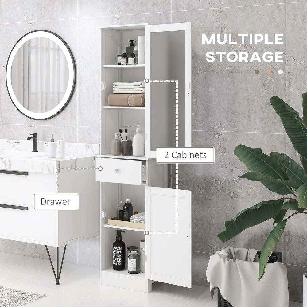 White bathroom cabinet with its drawer and doors open, showing the storage compartments inside