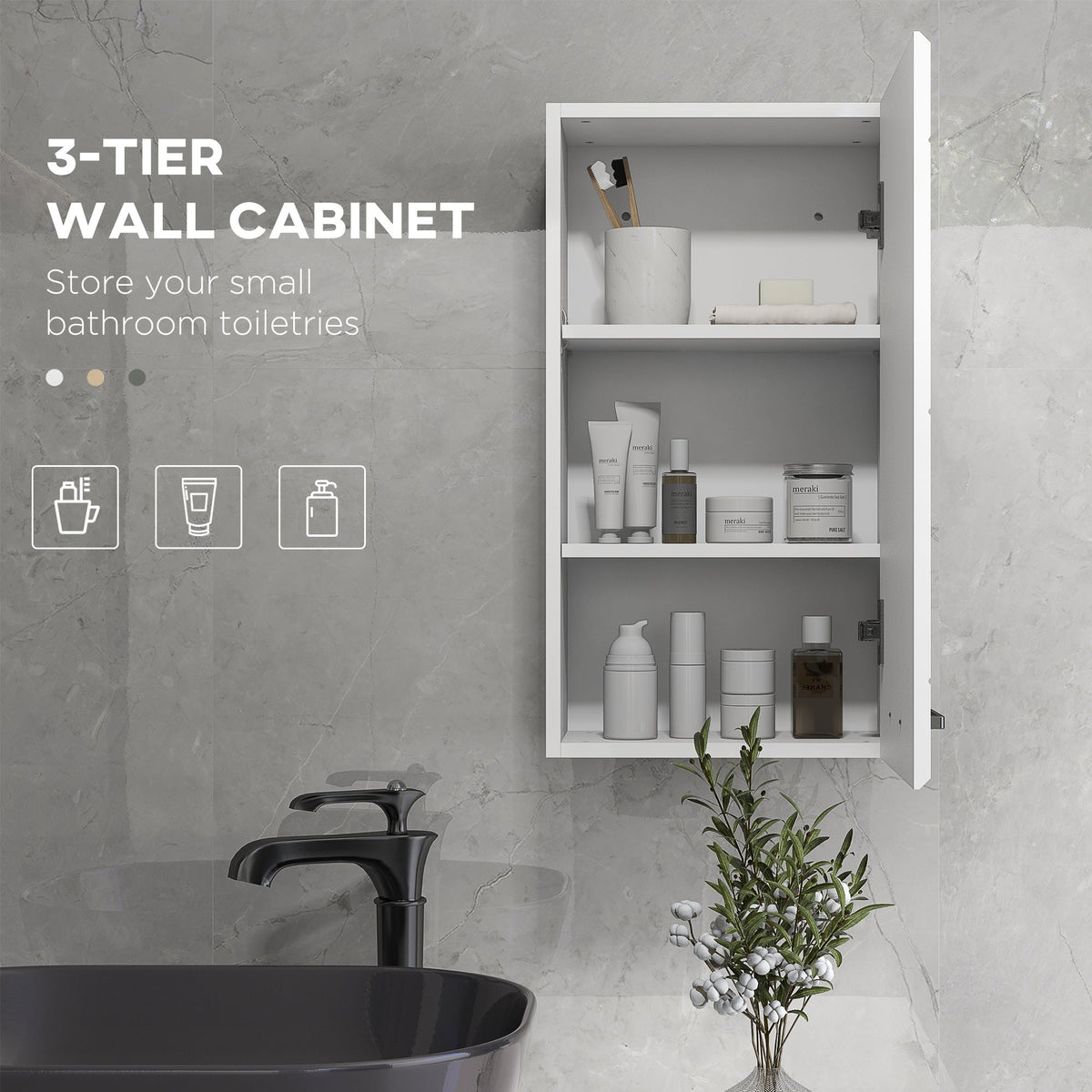 the bathroom cabinet with the door open revealing three internal storage shelves