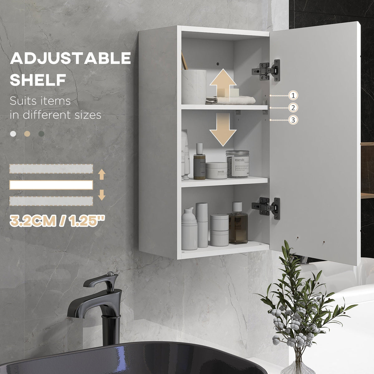 the bathroom cabinet showing the adjustable middle shelf with height position markers