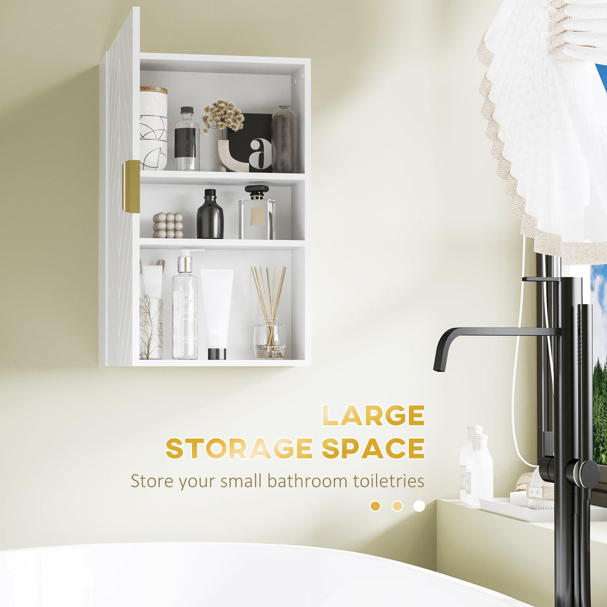 The bathroom wall cabinet with the door open revealing three shelves filled with toiletries