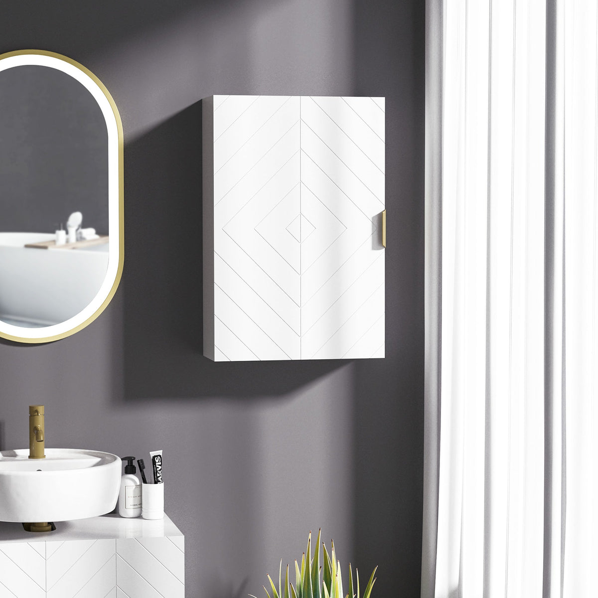 The storage cabinet mounted on a dark grey wall above a bathroom sink and vanity unit