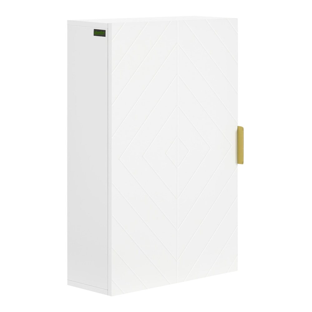 kleankin Bathroom Wall Cabinet in white with a geometric pattern on the door and a gold handle