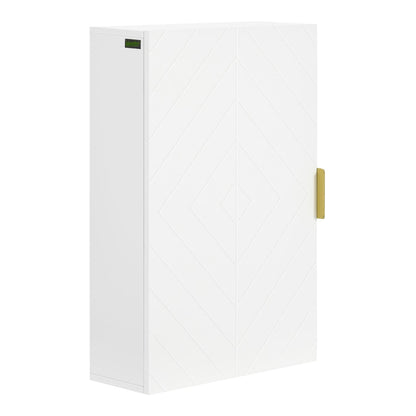 kleankin Bathroom Wall Cabinet in white with a geometric pattern on the door and a gold handle
