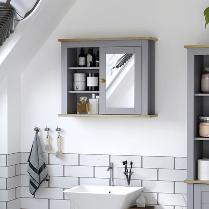 Grey bathroom wall cabinet with a mirrored door and internal shelves holding toiletries