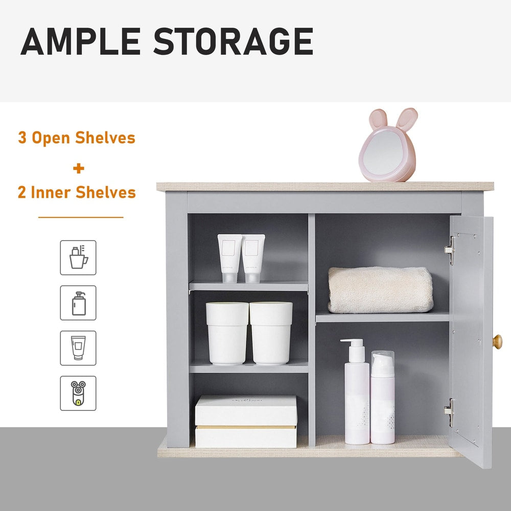 Open bathroom storage cabinet showing shelves and items