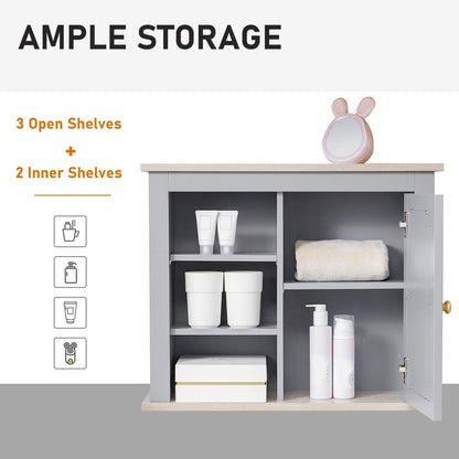 Open bathroom storage cabinet showing shelves and items