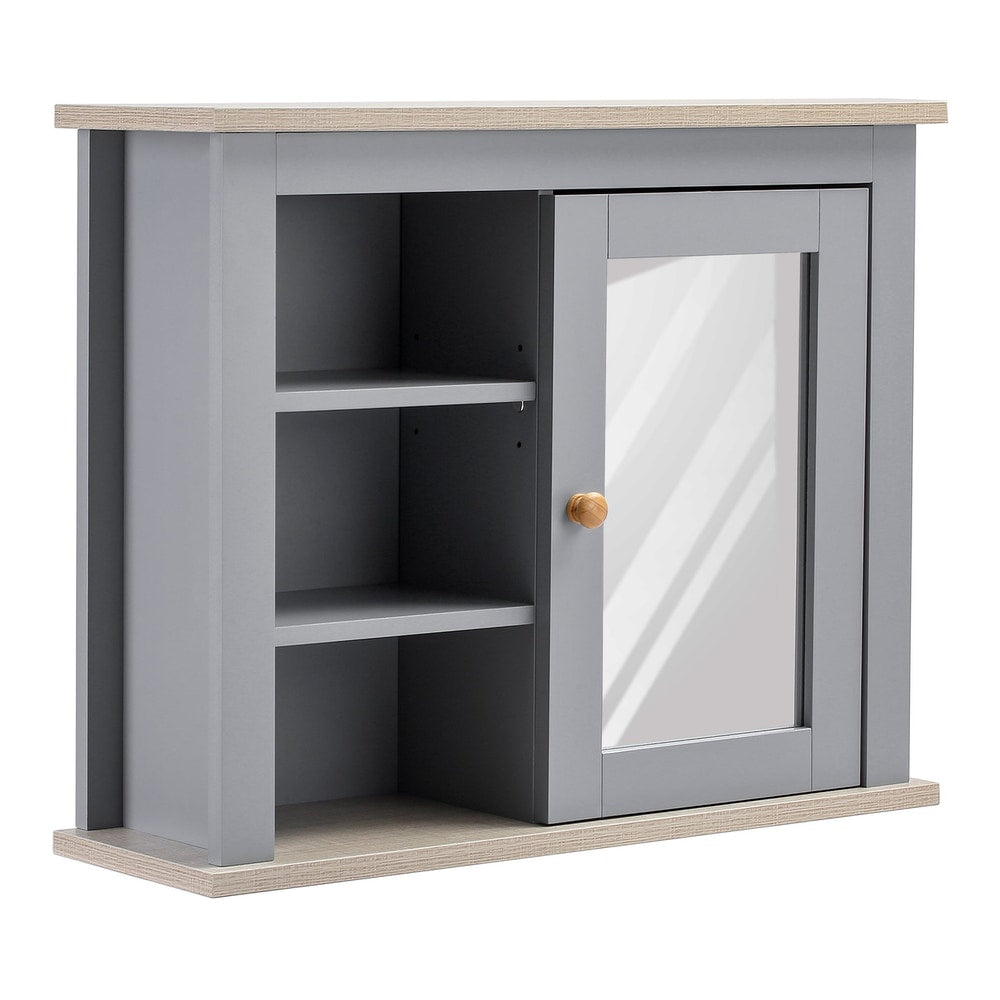 kleankin Bathroom Wall Mirror Cabinet with grey finish and wooden top and bottom edges