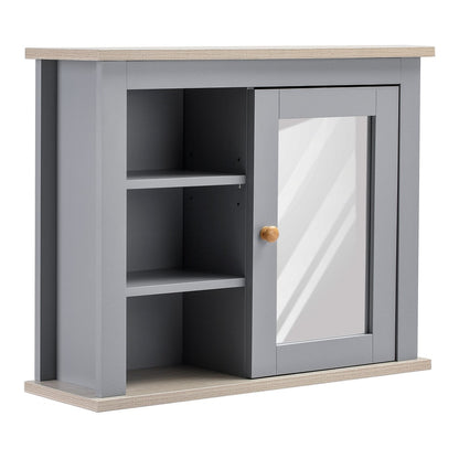 kleankin Bathroom Wall Mirror Cabinet with grey finish and wooden top and bottom edges