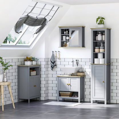 Grey bathroom storage cabinets in a room with a bath and sink