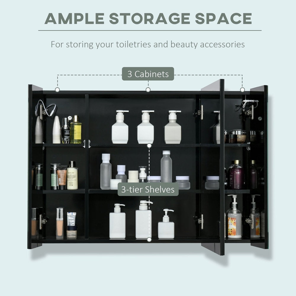 The open bathroom cabinet reveals three shelves with various toiletries and bottles neatly organised inside