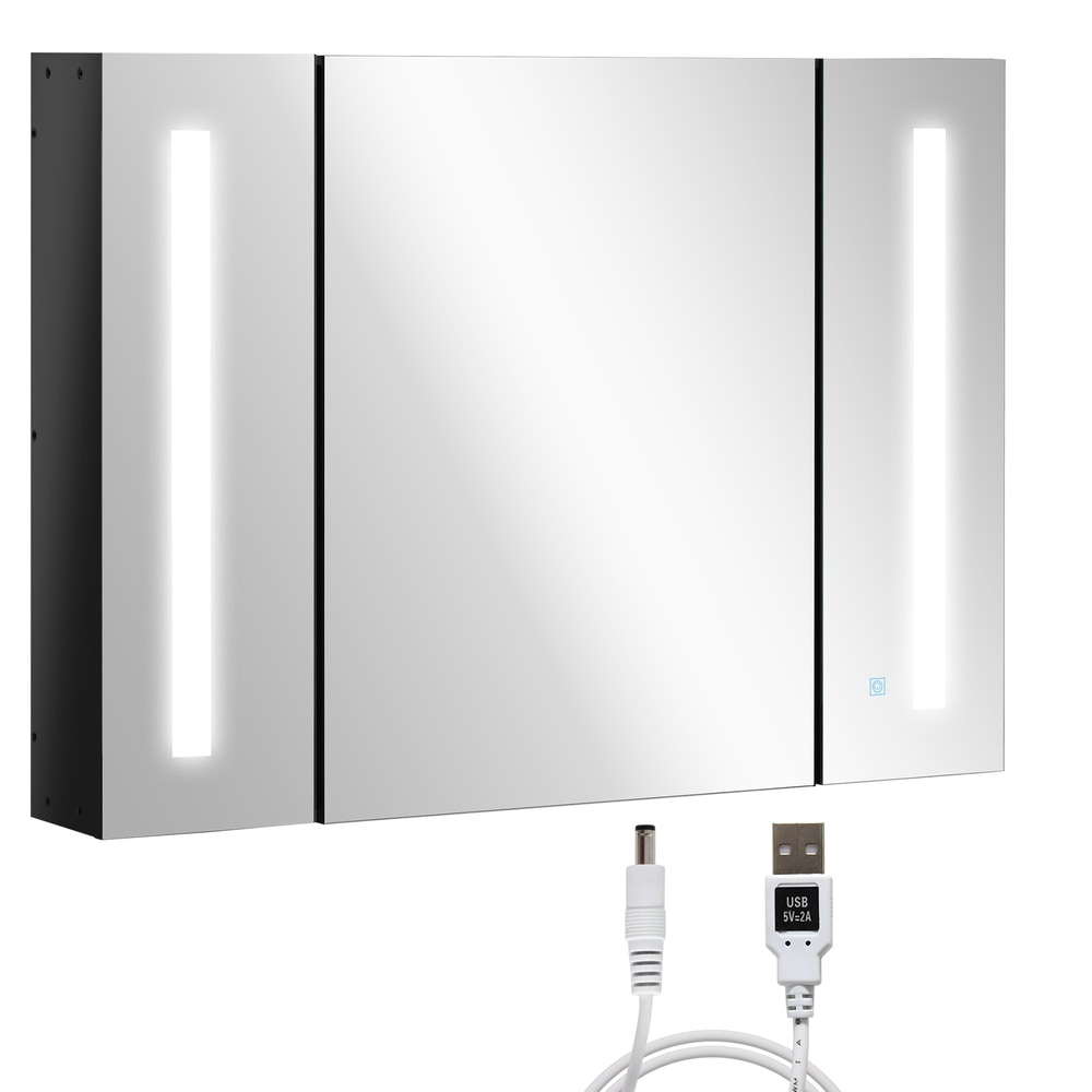 kleankin LED Bathroom Cabinet with Mirror, a wall-mounted unit with three mirrored doors and vertical LED lights on the sides