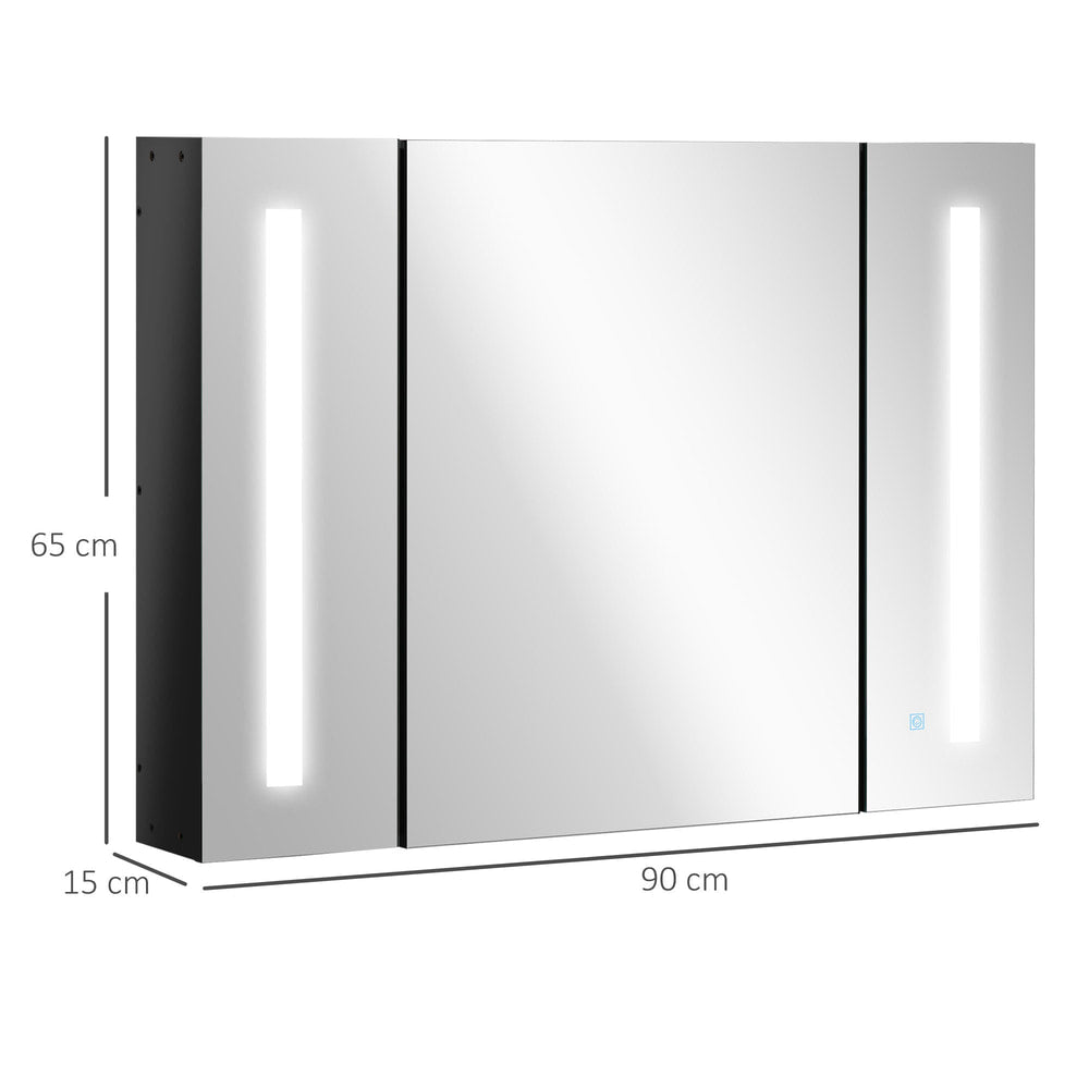 A size diagram showing the dimensions of the wall-mounted bathroom cabinet with mirror