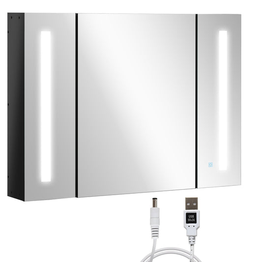 kleankin LED Bathroom Cabinet with Mirror, a wall-mounted unit with three mirrored doors and vertical LED lights on the sides