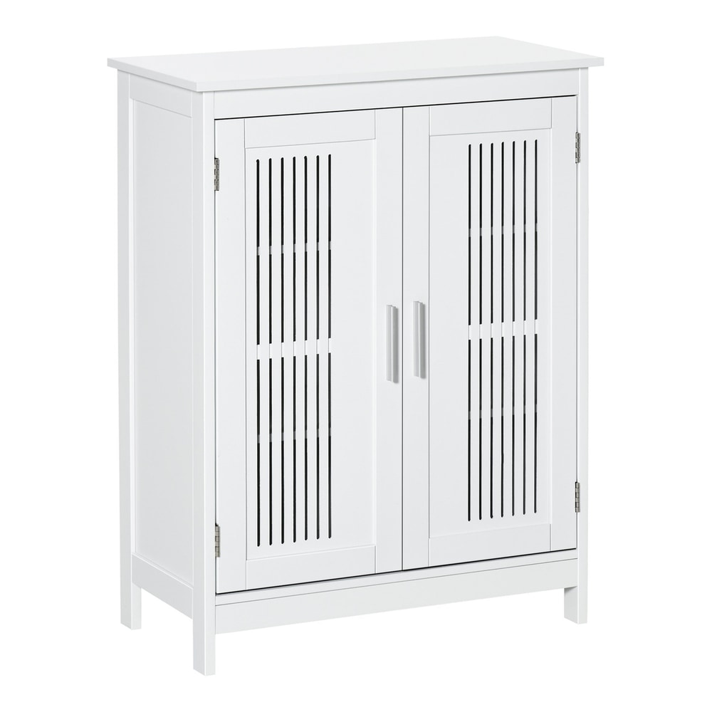 kleankin Modern Bathroom Floor Cabinet in white with slatted doors and silver handles