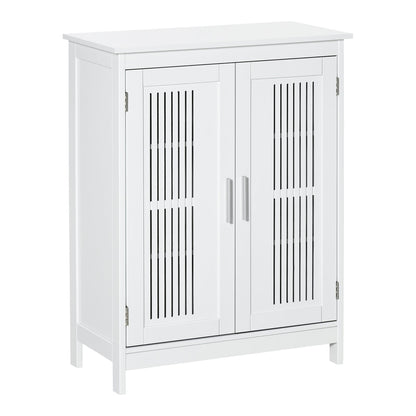 kleankin Modern Bathroom Floor Cabinet in white with slatted doors and silver handles
