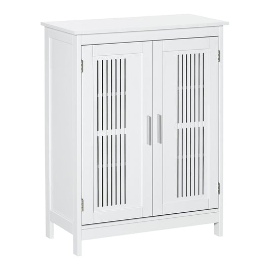 kleankin Modern Bathroom Floor Cabinet in white with slatted doors and silver handles