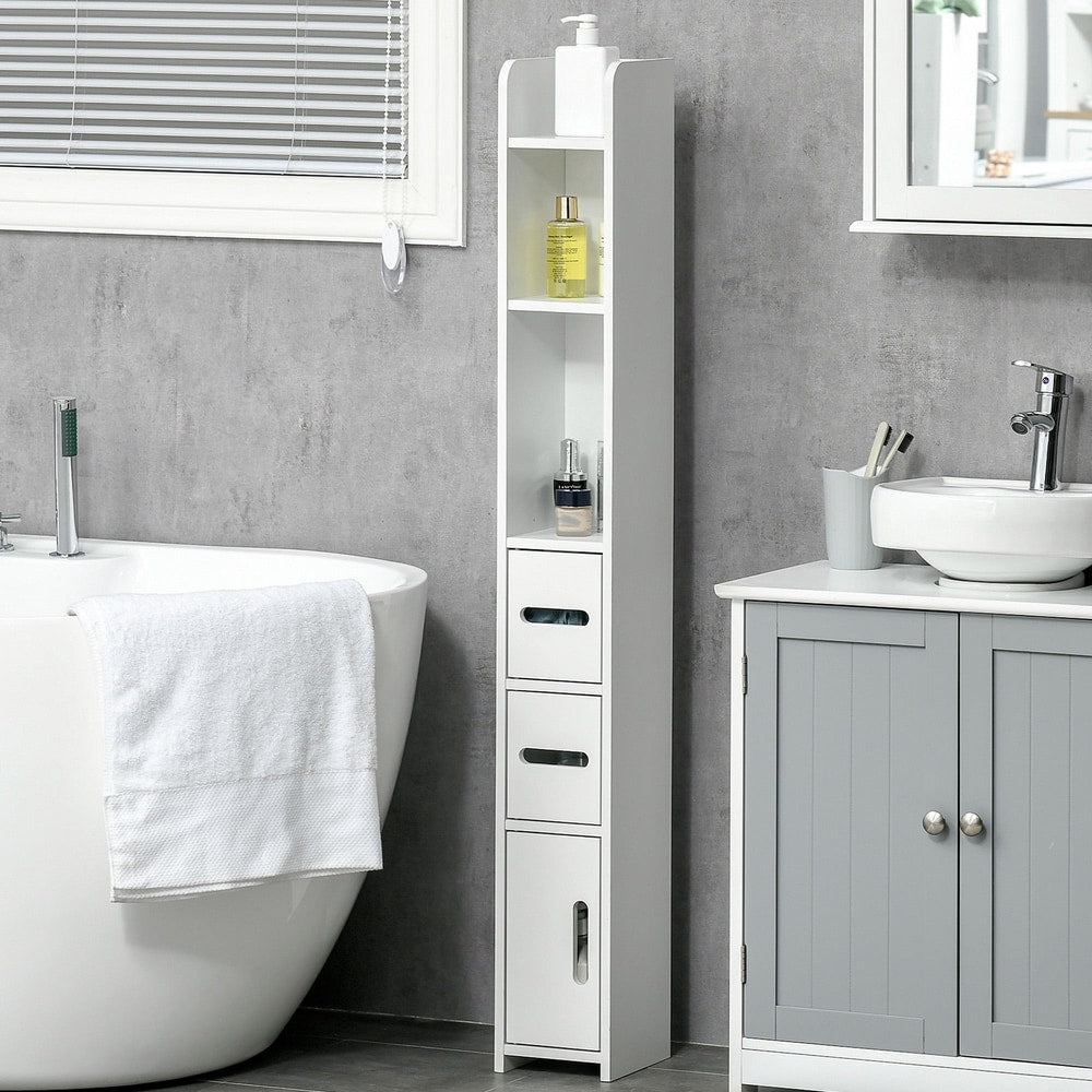 tall bathroom cabinet in a modern bathroom next to a bathtub and vanity unit