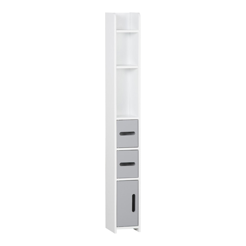 kleankin Modern Bathroom Storage Cabinet, a tall narrow white unit with grey drawers and a grey door