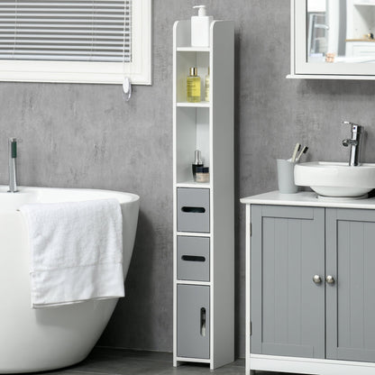 The modern bathroom storage cabinet in a grey tiled bathroom next to a bathtub and a vanity unit