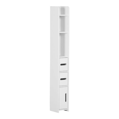 kleankin Modern Bathroom Storage Cabinet, a tall white freestanding unit with open shelves and cupboards