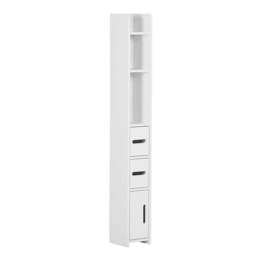 kleankin Modern Bathroom Storage Cabinet, a tall white freestanding unit with open shelves and cupboards