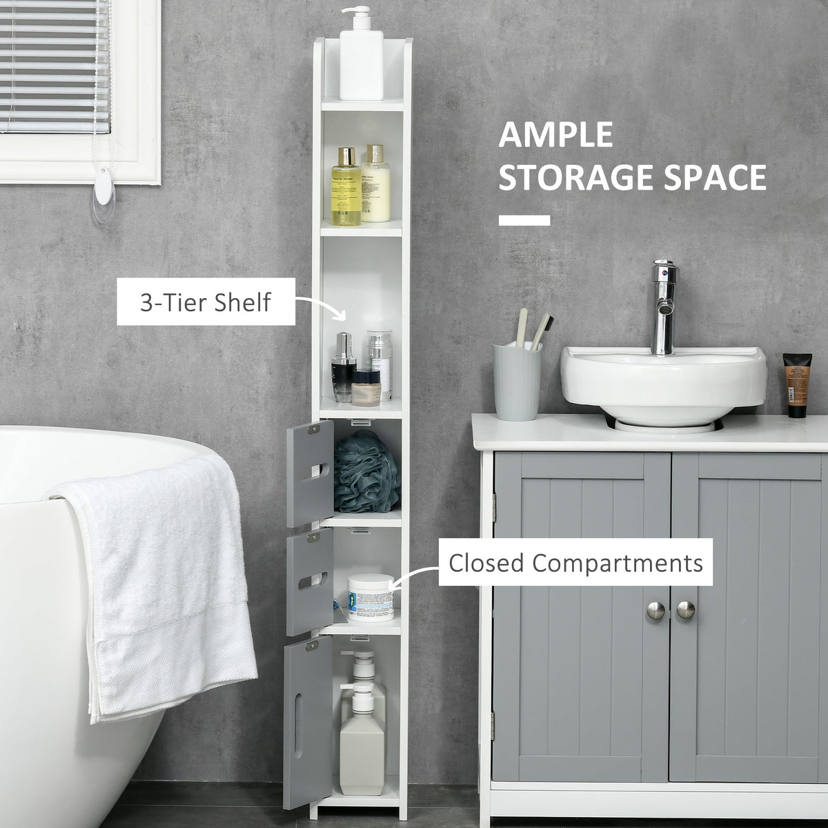 The tall bathroom cabinet with its doors open, showing the shelves and storage compartments