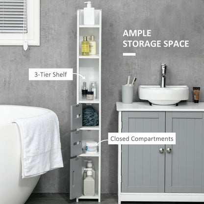 The tall bathroom cabinet with its doors open, showing the shelves and storage compartments
