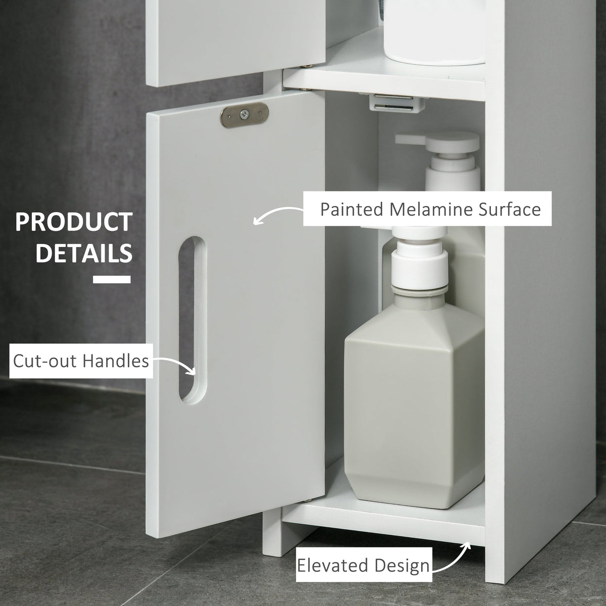 close up of the tall bathroom cabinet showing cut-out handles and painted surface