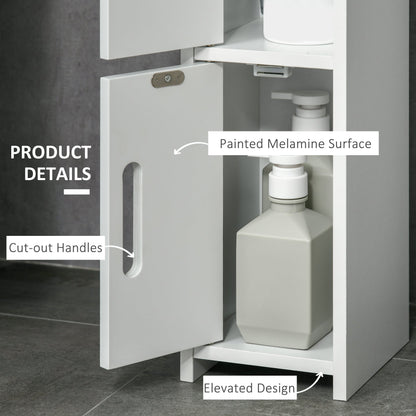 close up of the tall bathroom cabinet showing cut-out handles and painted surface