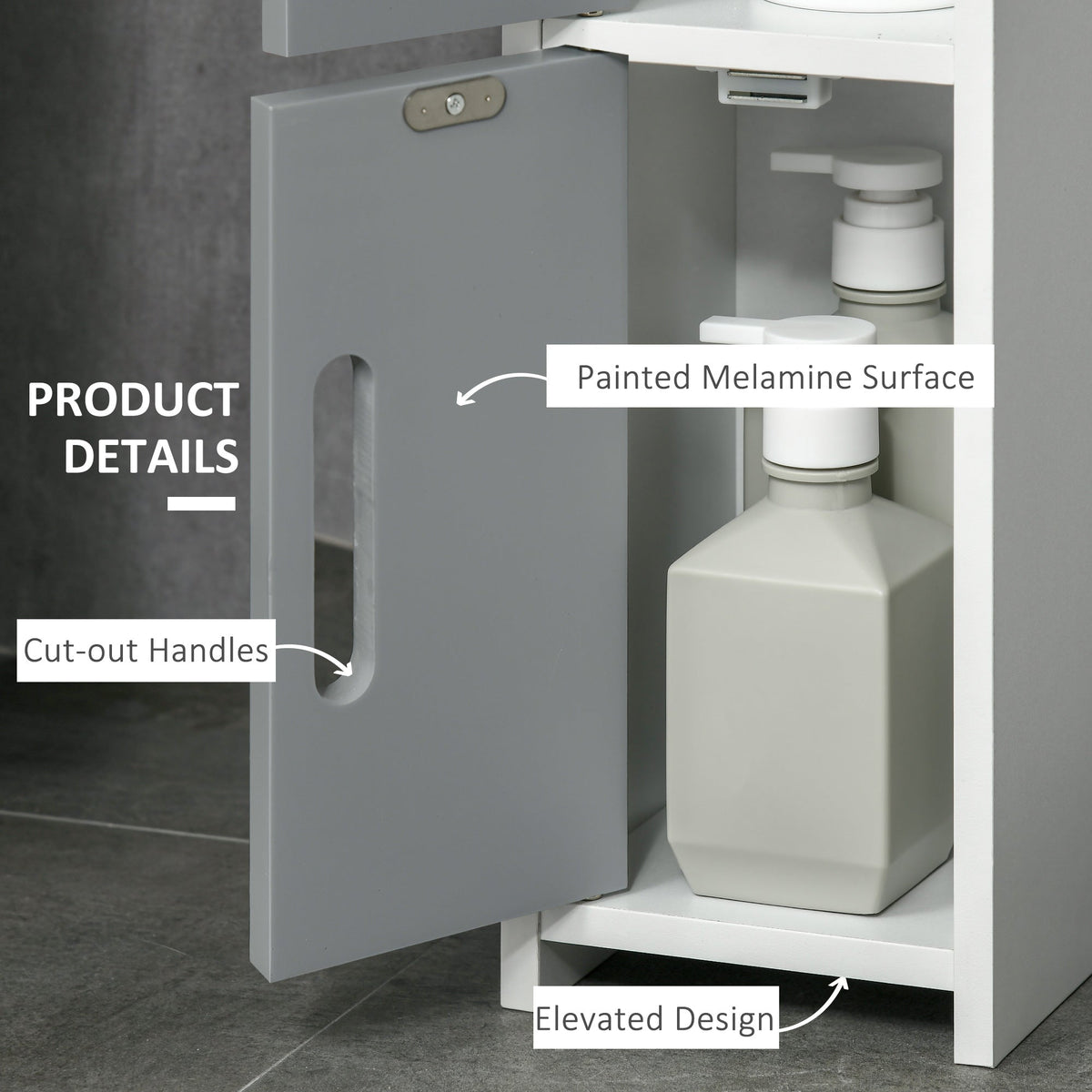 Close-up of the bathroom cabinet showing cut-out handles and the painted melamine surface
