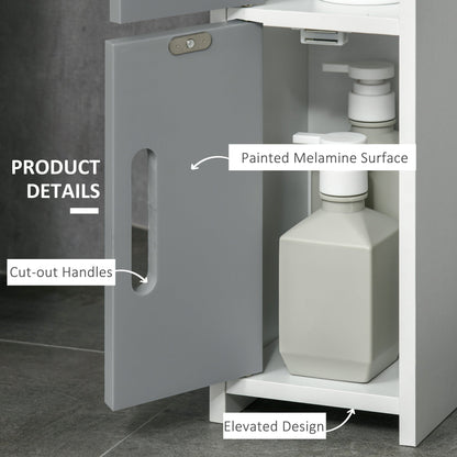 Close-up of the bathroom cabinet showing cut-out handles and the painted melamine surface