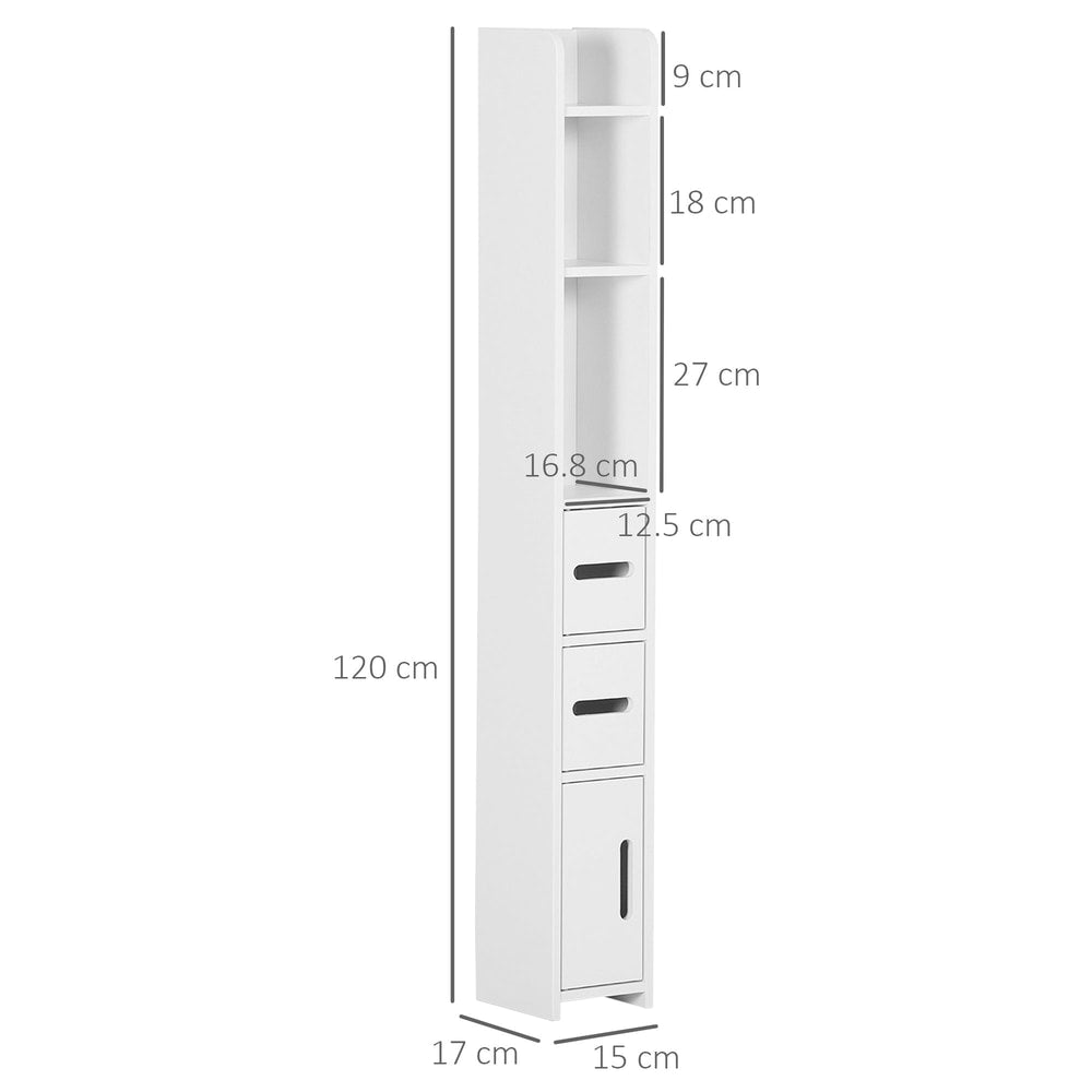 tall bathroom cabinet with dimensions shown for height, width and depth