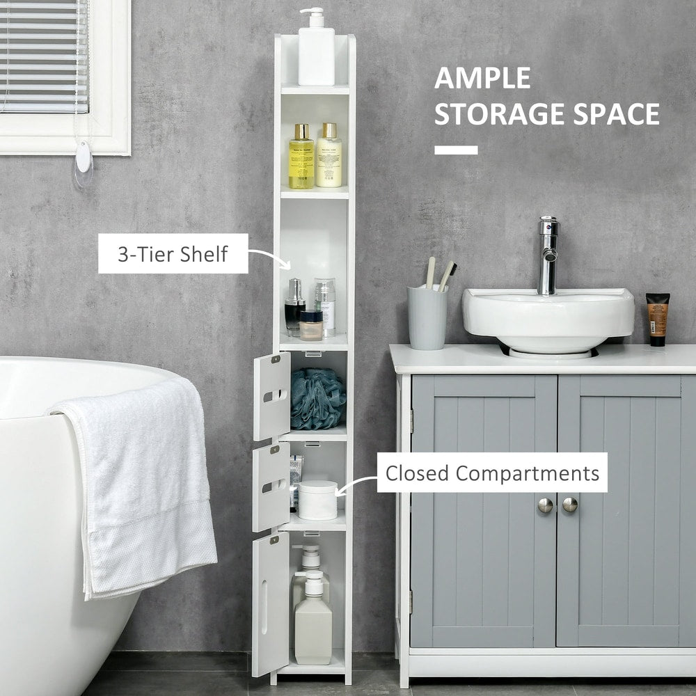 tall bathroom cabinet showing open shelves and closed cupboards with doors