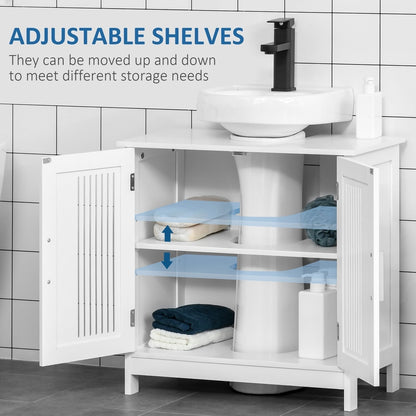 The storage cupboard has adjustable shelves inside, shown with towels and bottles