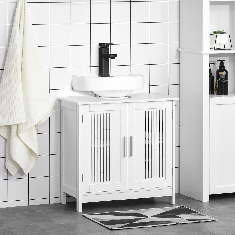The white bathroom vanity unit is shown in a modern bathroom setting with a vessel sink on top
