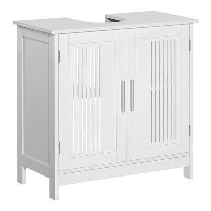 kleankin Modern Under Sink Cabinet with 2 Doors, a white bathroom vanity unit with slatted doors and silver handles