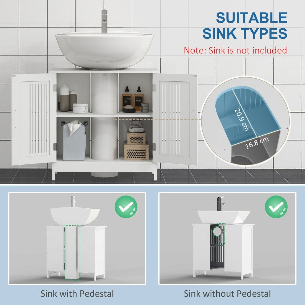 Diagram showing how the under sink cabinet fits with and without a pedestal sink