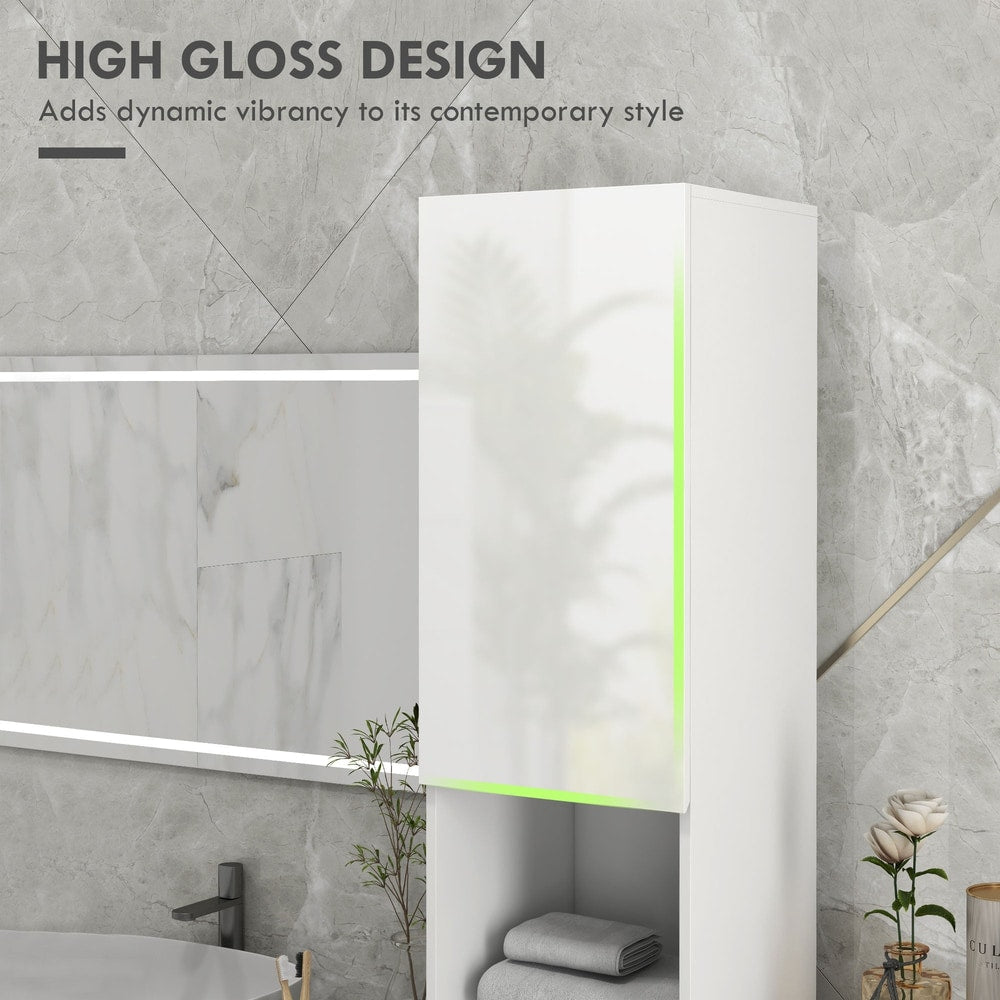 Close up of the high gloss design of the tall bathroom cabinet with subtle green lighting