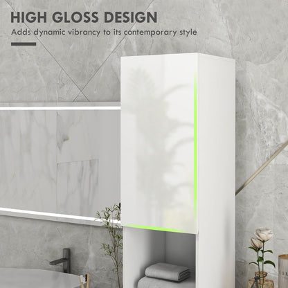 Close up of the high gloss design of the tall bathroom cabinet with subtle green lighting