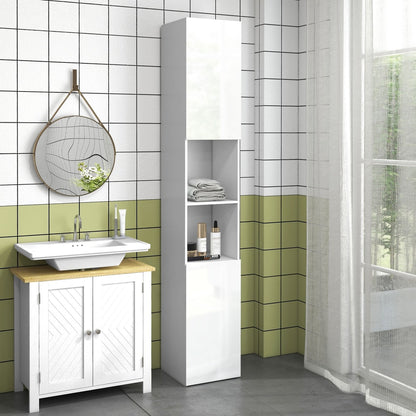 The slim bathroom cabinet is shown in a stylish bathroom setting next to a sink and vanity unit