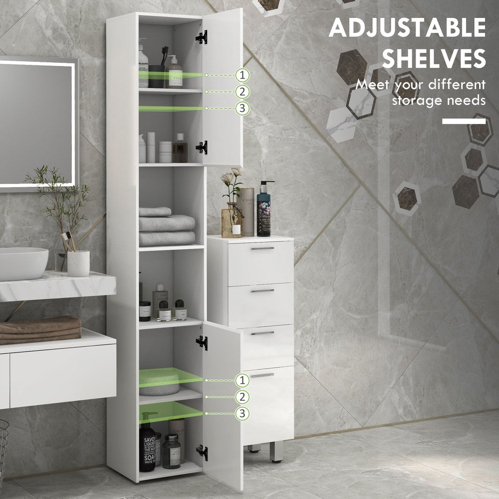 The tall bathroom cabinet with its doors open showing adjustable shelves and drawers inside