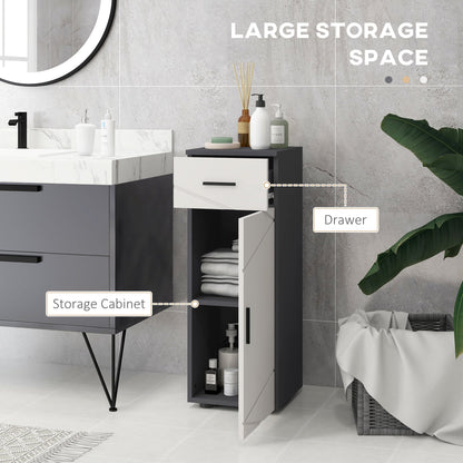 The storage cabinet with its drawer and door open, showing internal storage