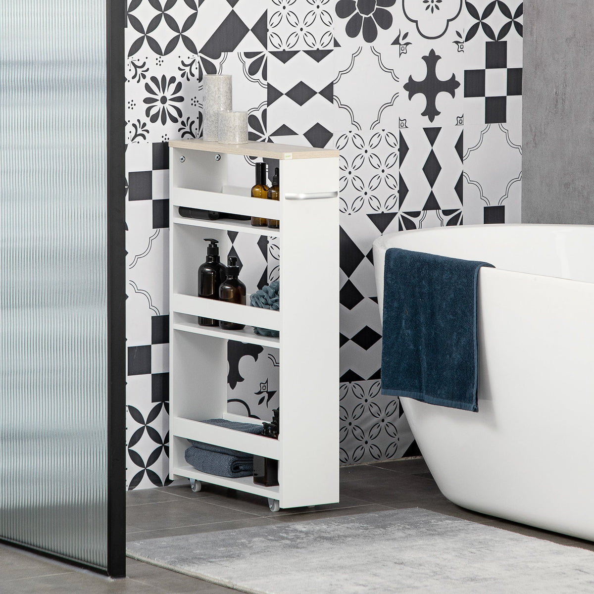 The compact storage trolley is shown in a bathroom next to a bathtub