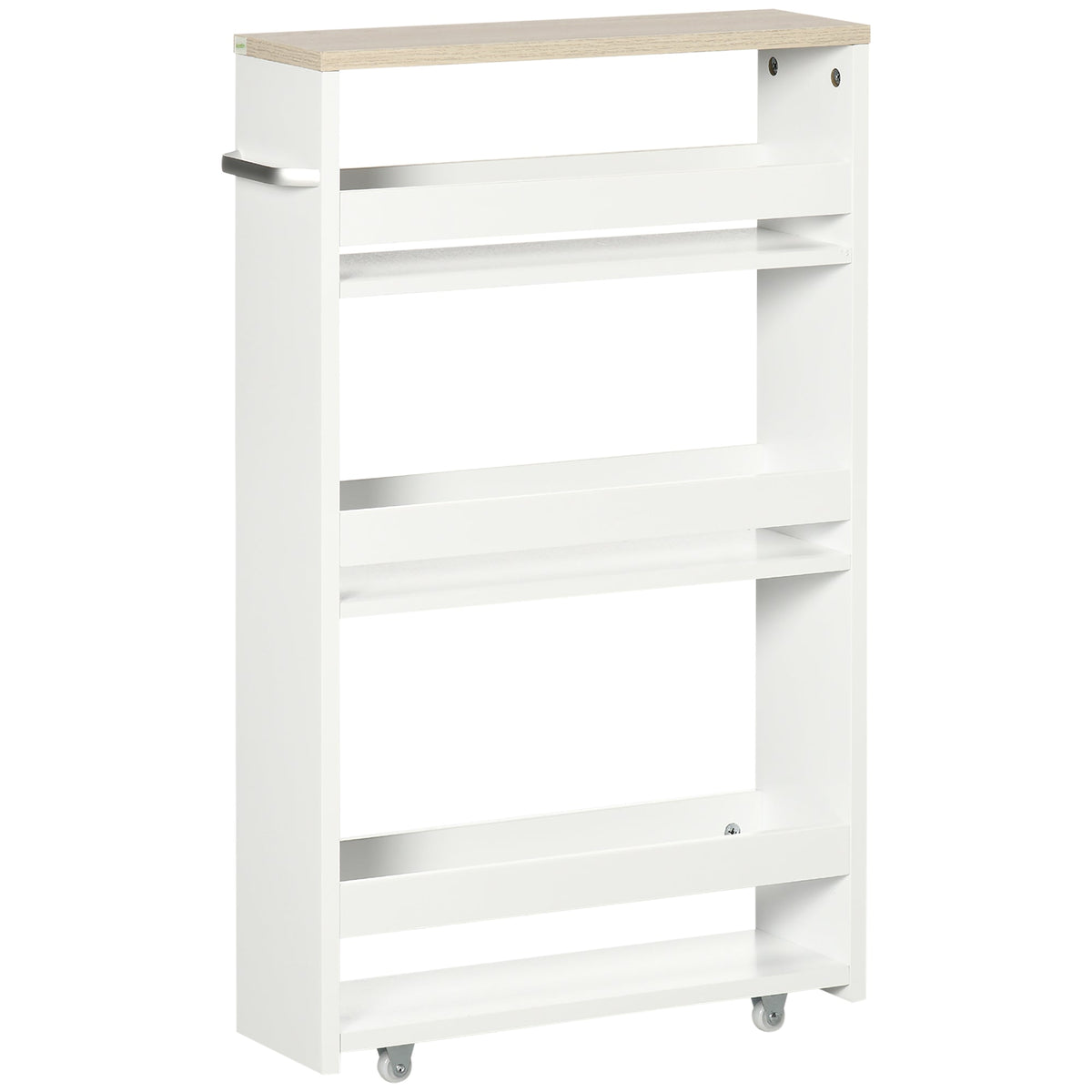 kleankin Storage Cart, a white four-tier trolley with a wood effect top and wheels