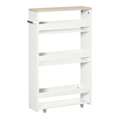 kleankin Storage Cart, a white four-tier trolley with a wood effect top and wheels