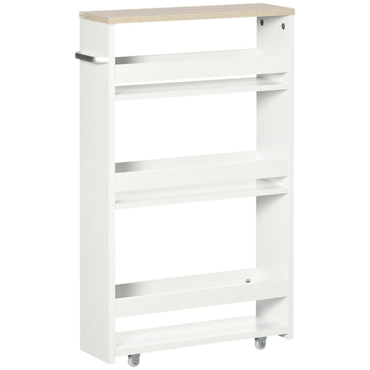 kleankin Storage Cart, a white four-tier trolley with a wood effect top and wheels