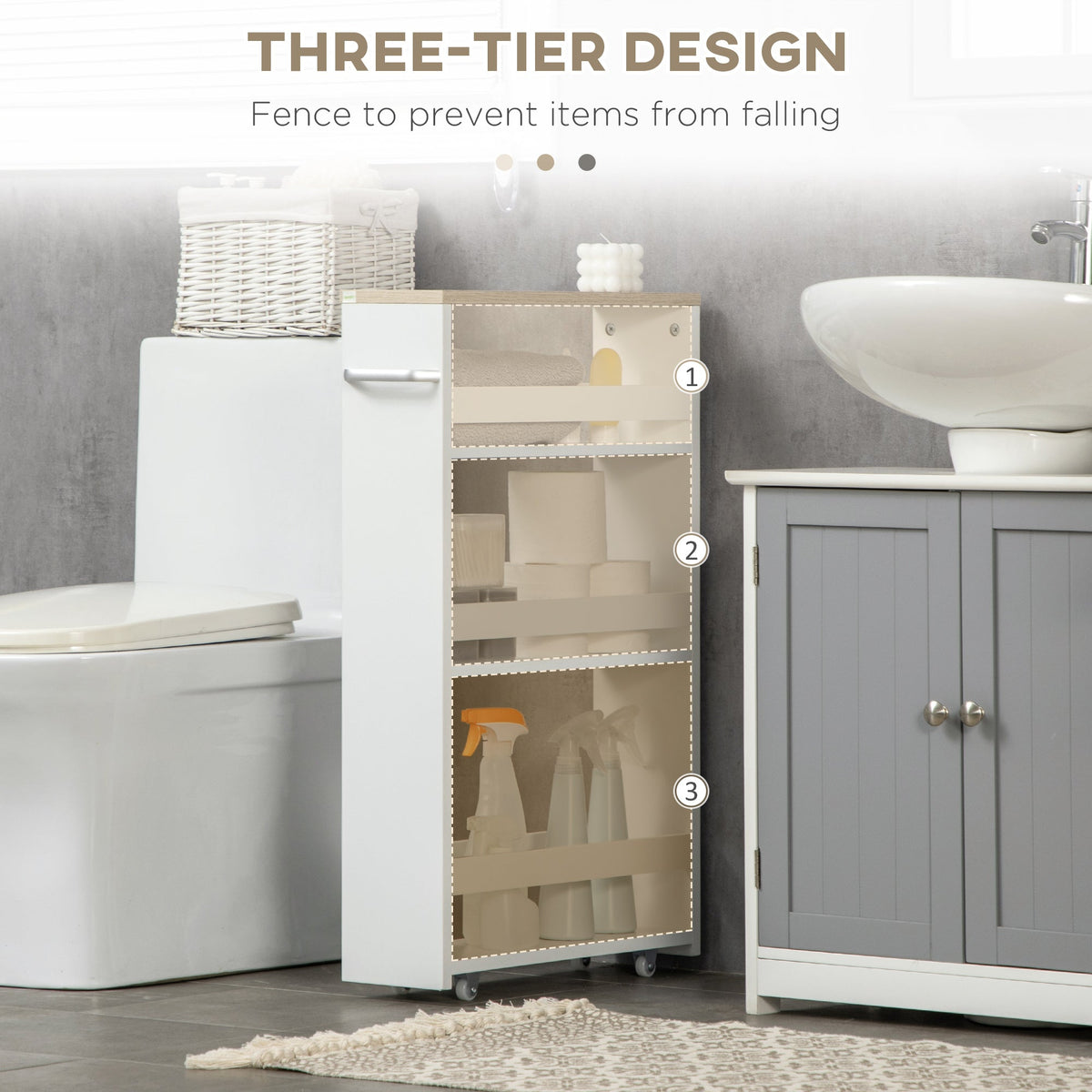 The three-tier design storage trolley is shown with items on its shelves