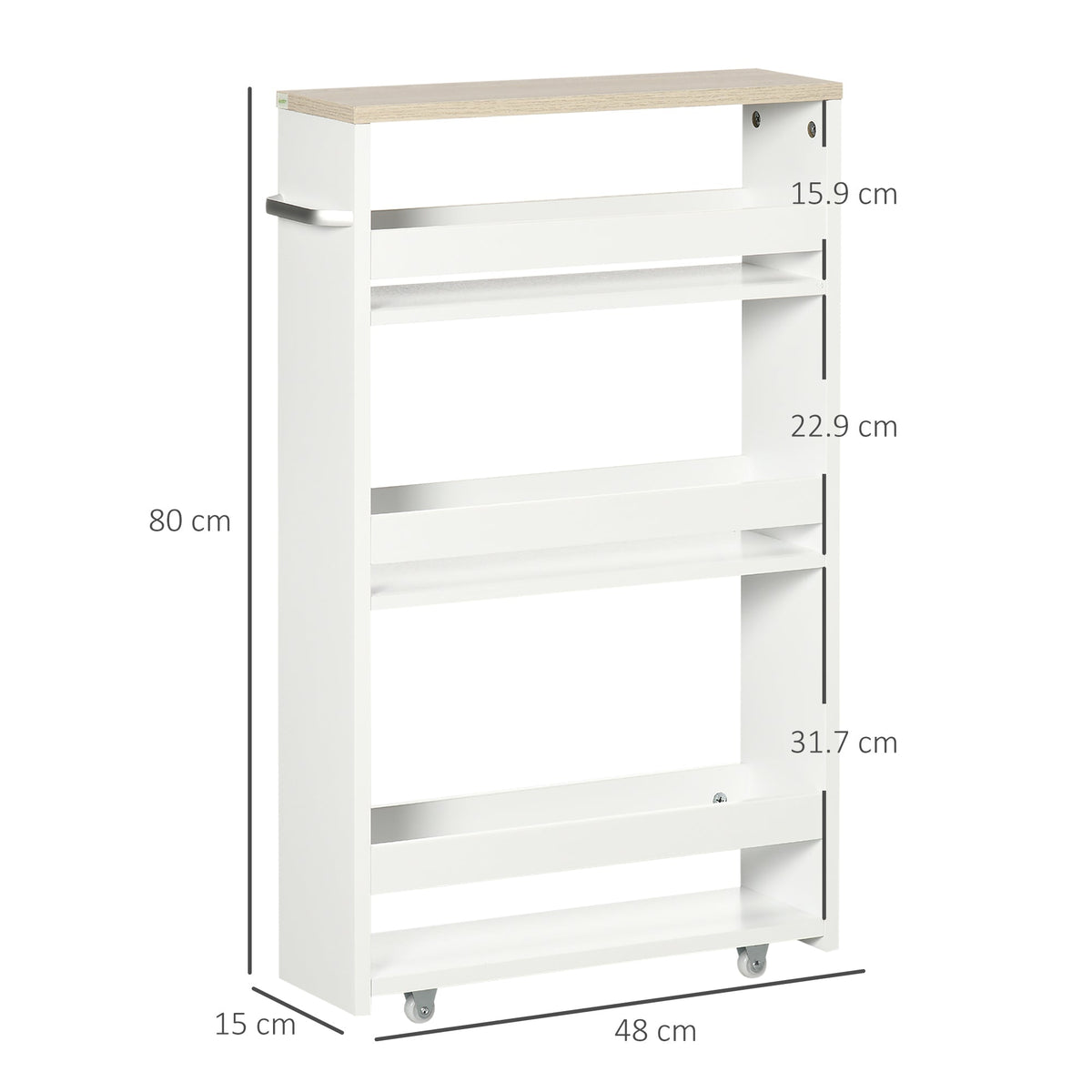 The white four-tier storage cart has dimensions marked on it, showing height, width and depth