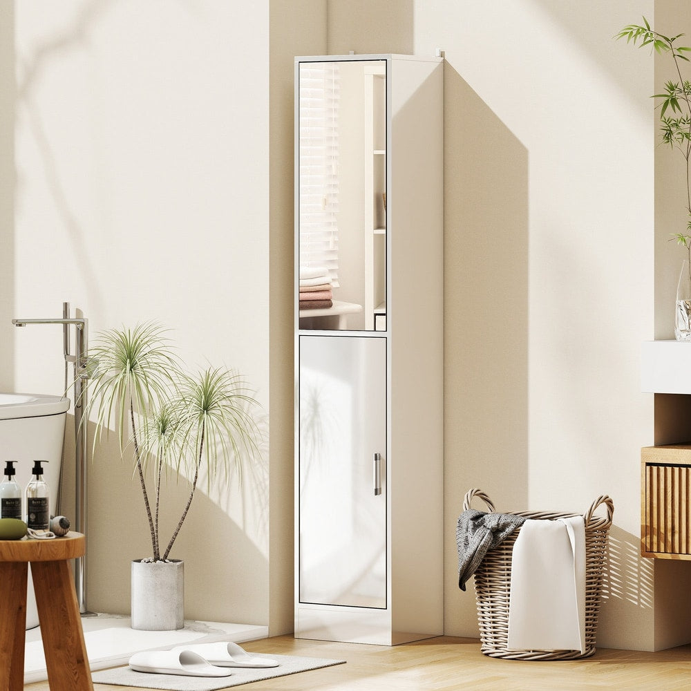 the tall bathroom cabinet with mirror and adjustable shelf shown in a modern bathroom setting next to a toilet and sink
