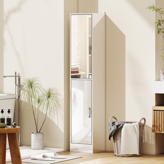 the tall bathroom cabinet with mirror and adjustable shelf shown in a modern bathroom setting next to a toilet and sink